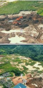 Aerial images of active galamsey sites in the Lake Bosomtwe enclave. Top: Excavators digging on Ankaase Hill near Beposo. 
Destroyed land close to settlements between Beposo and Nkwatapon. While Lake Bosomtwe is not pictured, surrounding rivers in the area have reportedly been destroyed.
